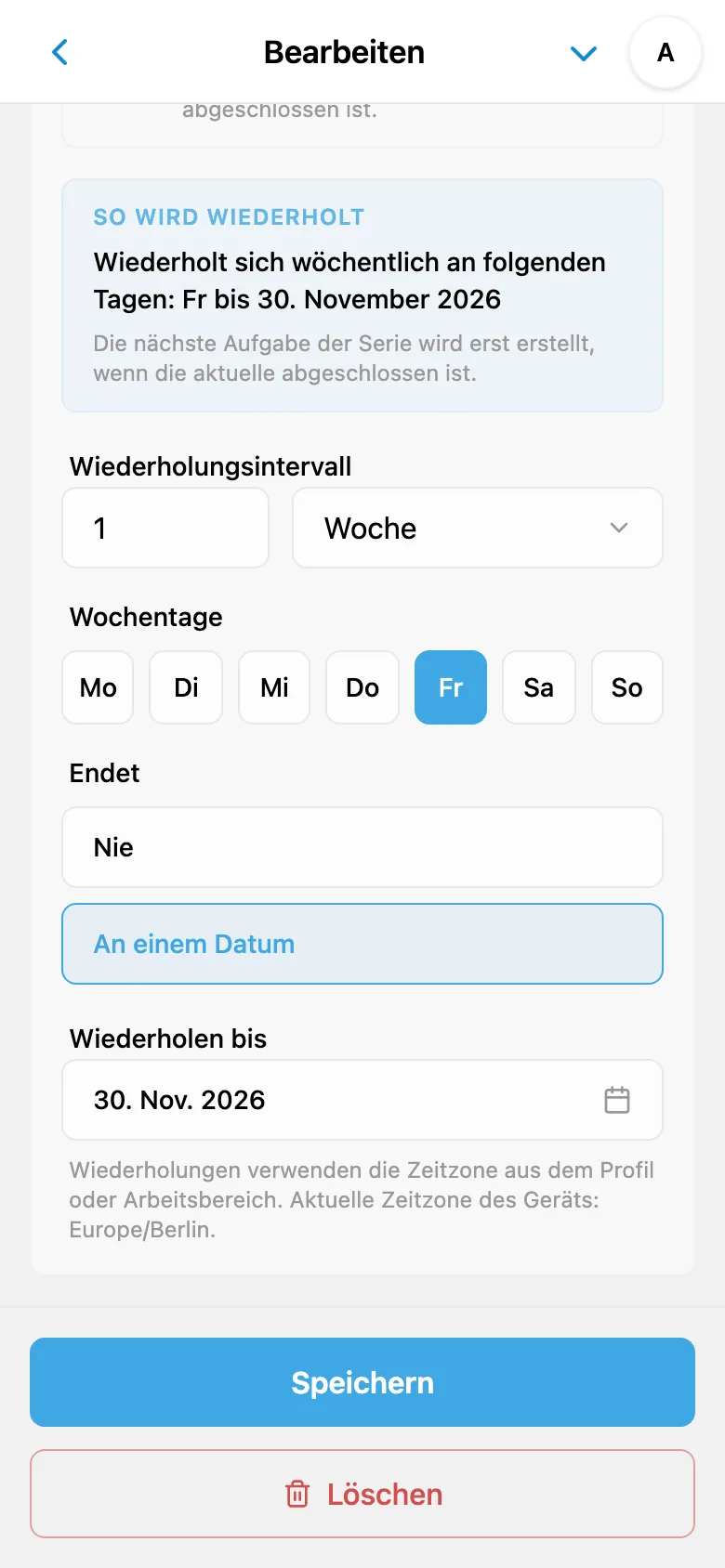 Wiederholungsregel für eine Aufgabe jeden Freitag mit Enddatum der Serie