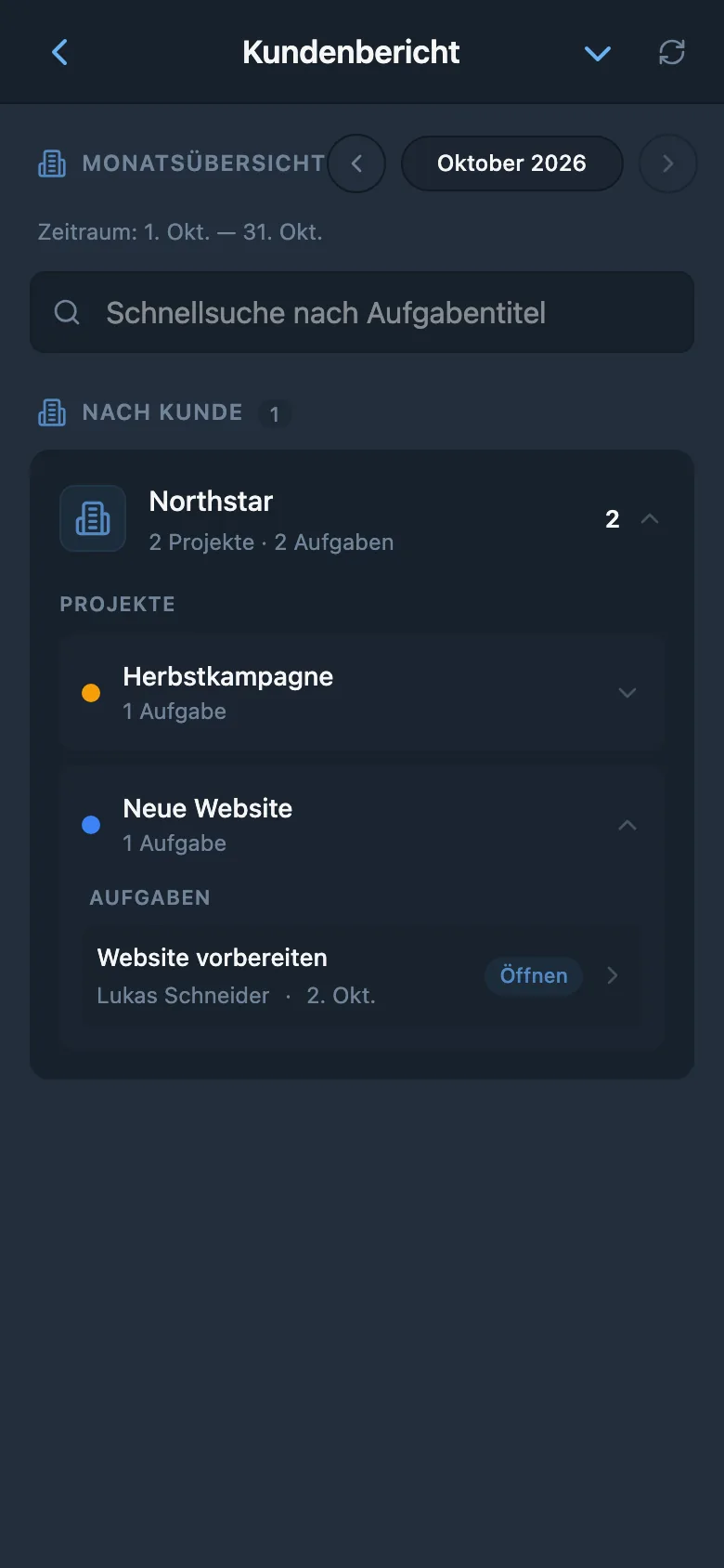 Bericht über abgeschlossene Aufgaben für den ausgewählten Kunden