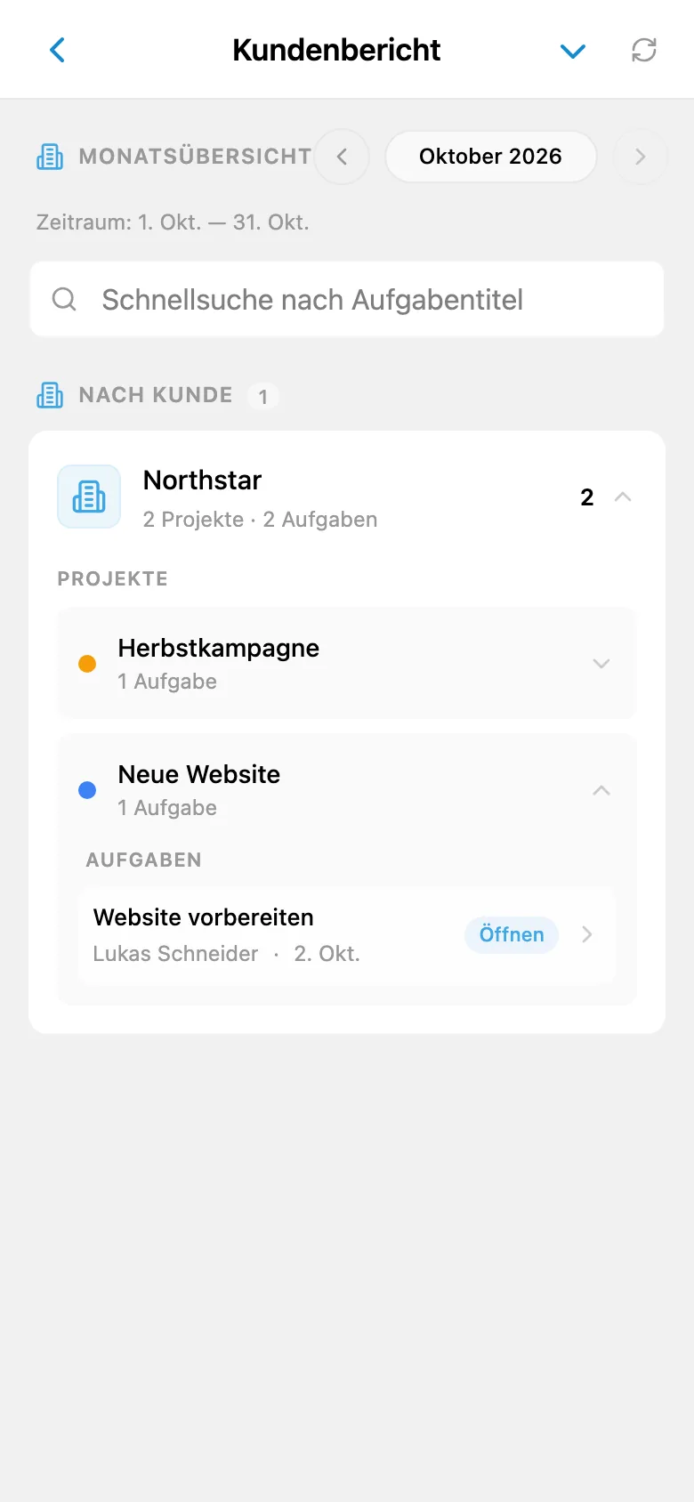 Bericht über abgeschlossene Aufgaben für den ausgewählten Kunden
