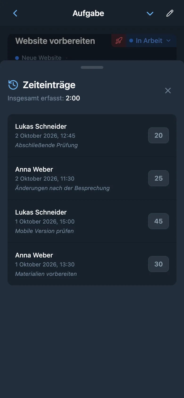 Verlauf der Zeiteinträge mit Dauer und Kommentaren