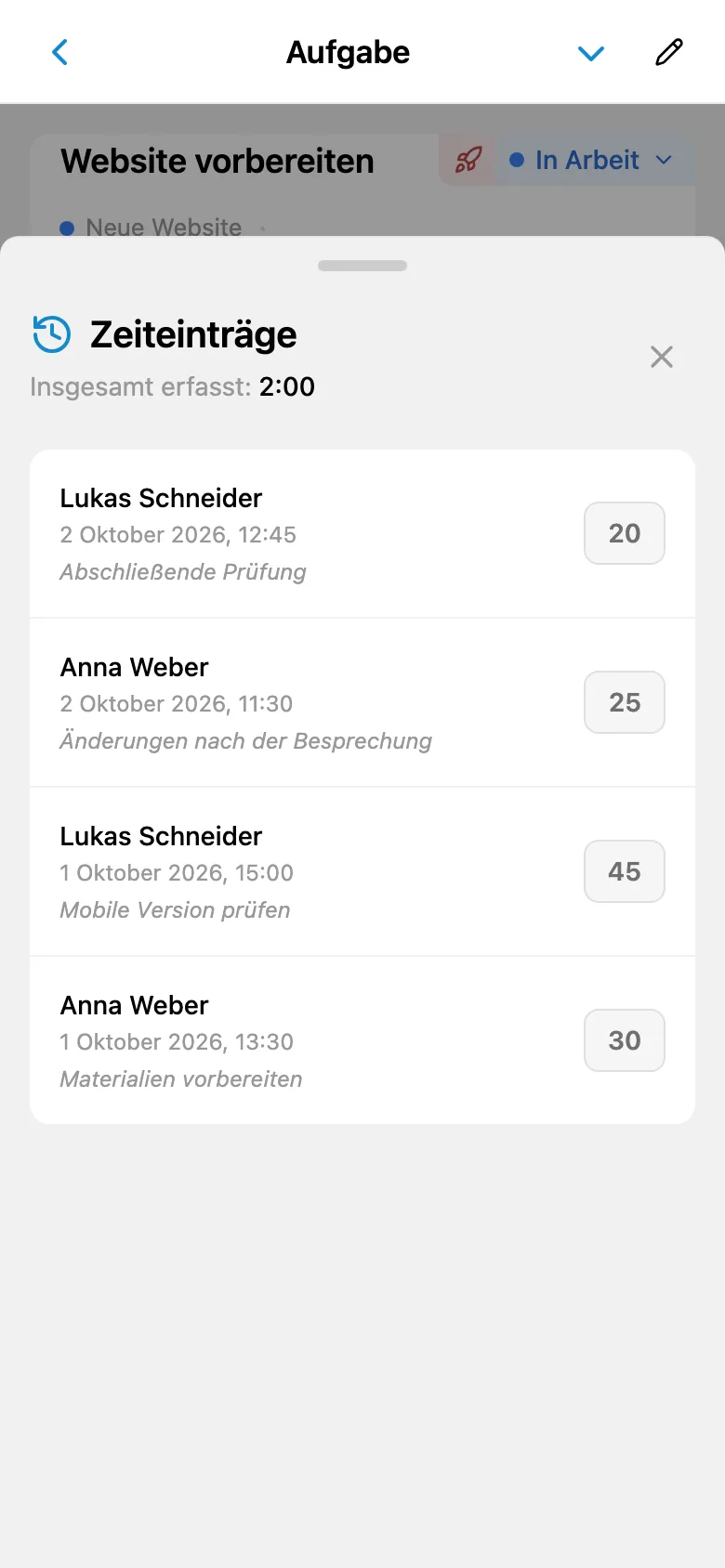 Verlauf der Zeiteinträge mit Dauer und Kommentaren
