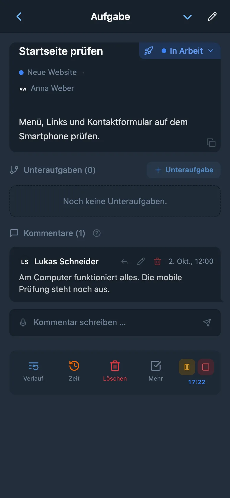 Laufender Zeiterfassungstimer in einer Aufgabe
