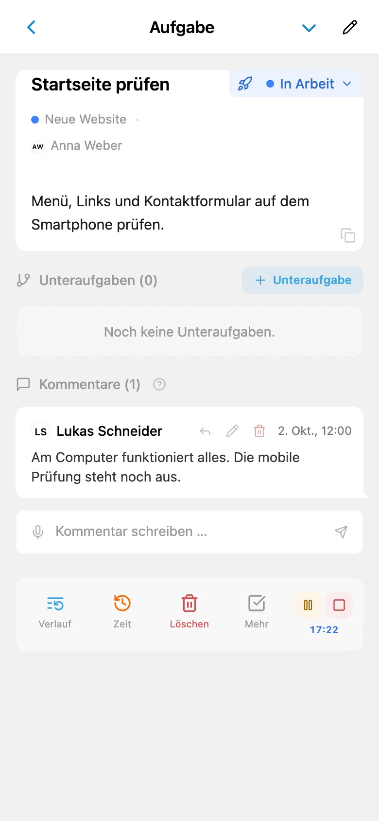 Laufender Zeiterfassungstimer in einer Aufgabe