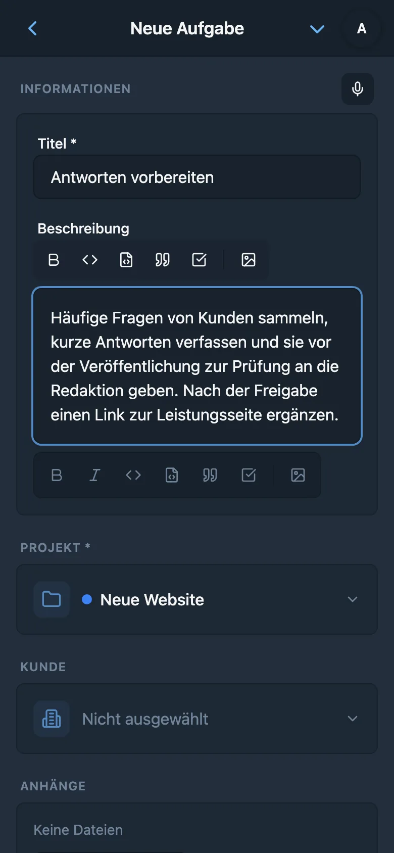 Aufgabenbeschreibung nach Spracheingabe bearbeiten