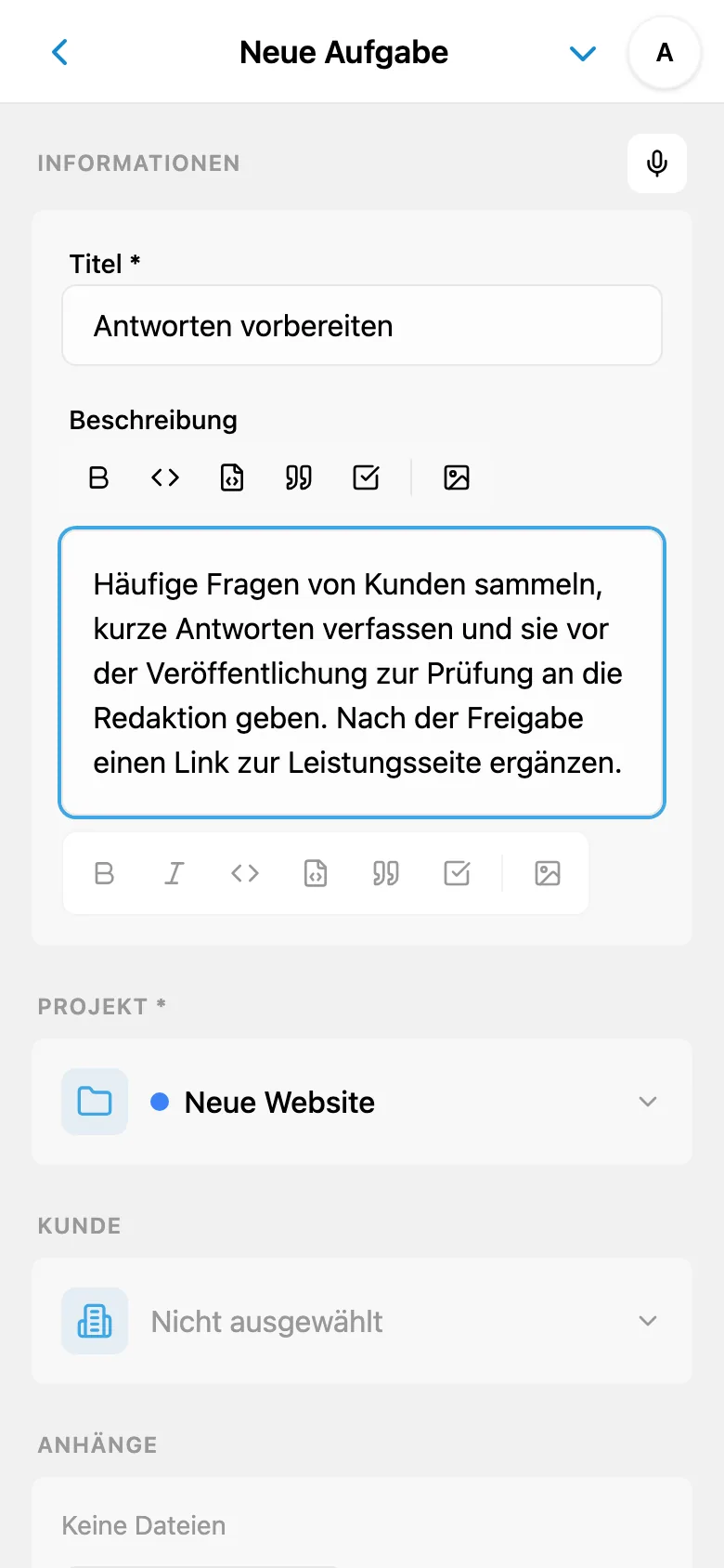 Aufgabenbeschreibung nach Spracheingabe bearbeiten