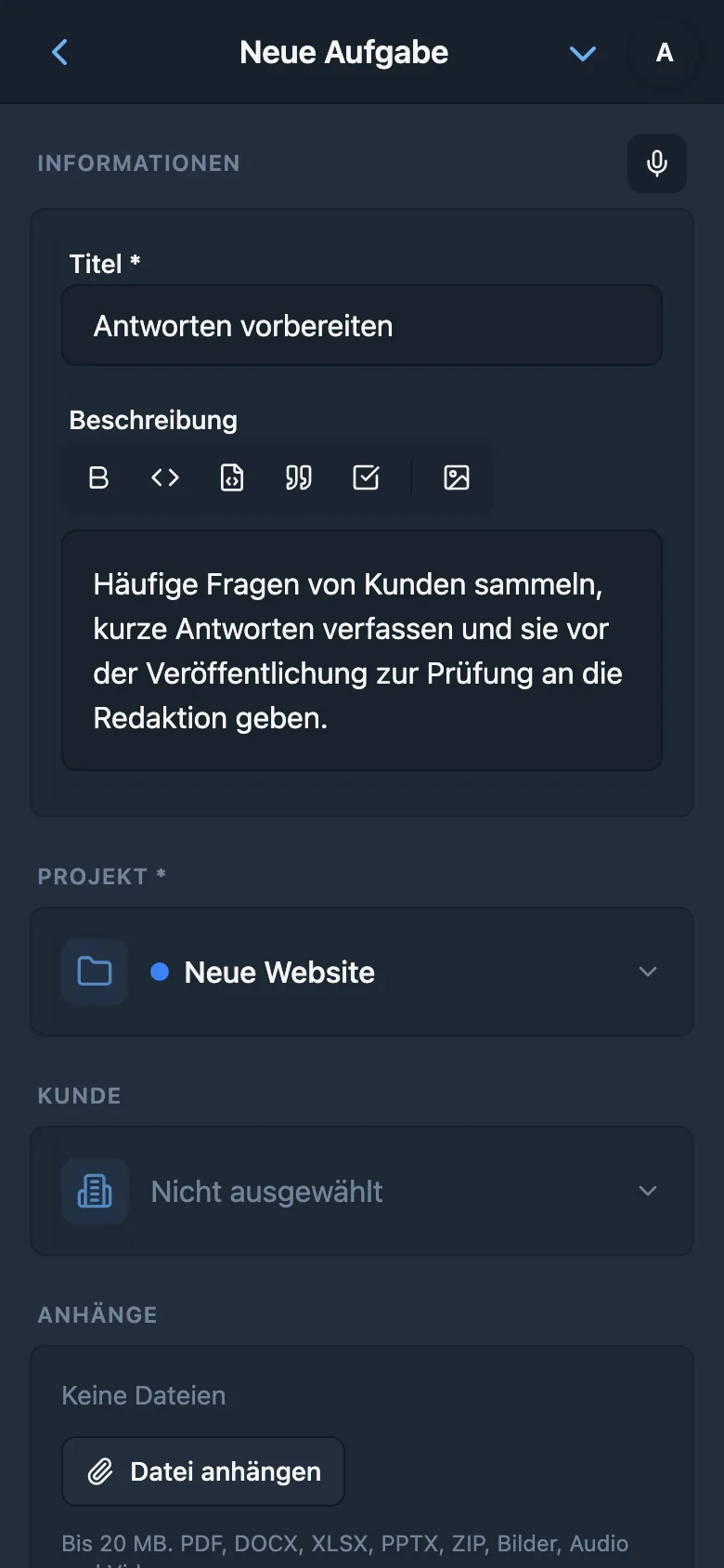 Titel und Beschreibung der Aufgabe, aus dem Diktat erstellt