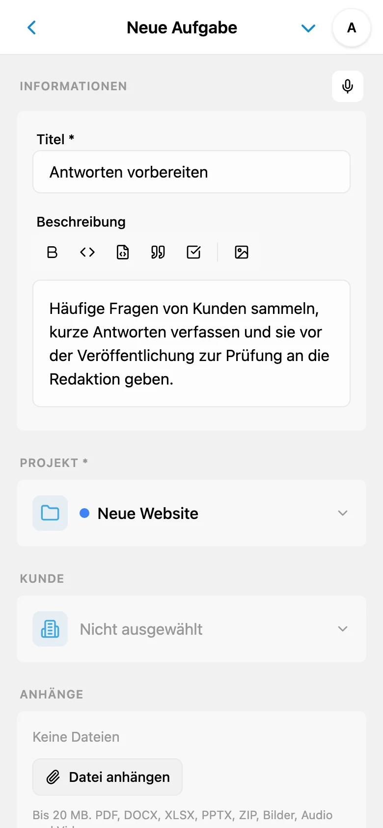 Titel und Beschreibung der Aufgabe, aus dem Diktat erstellt