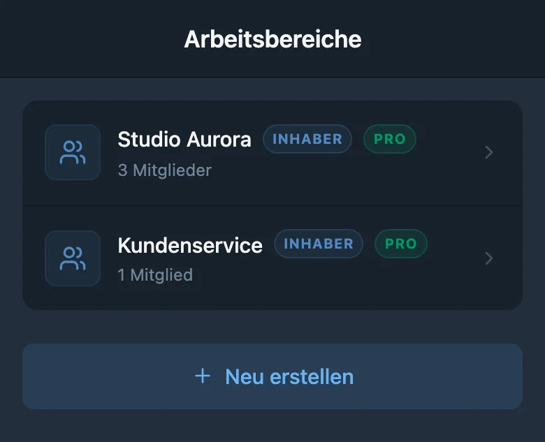 Liste verfügbarer Workspaces