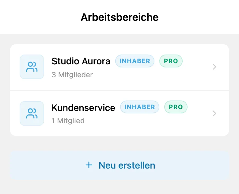 Liste verfügbarer Workspaces