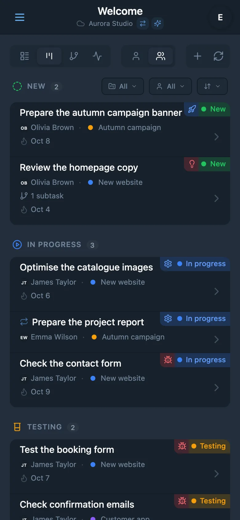 A Kanban board with tasks grouped by status