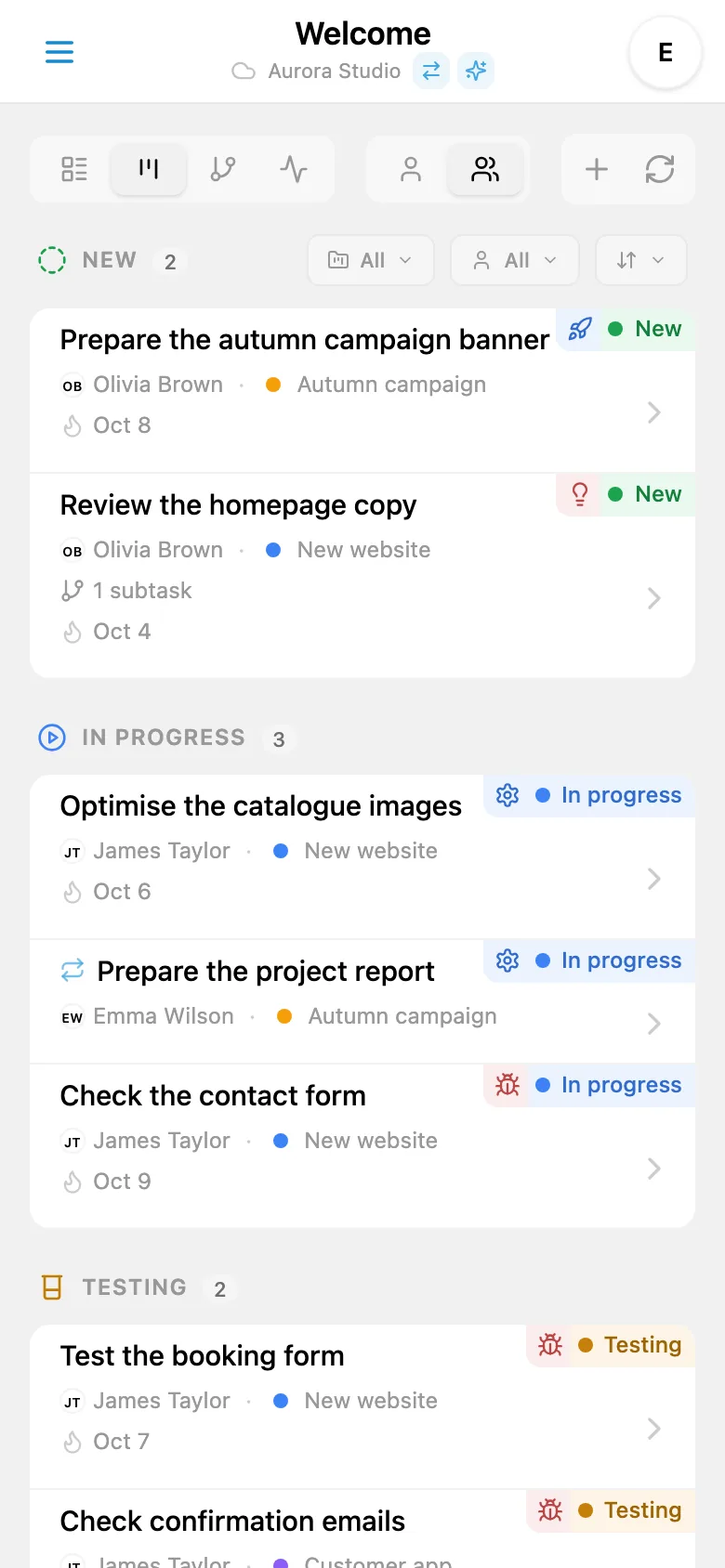 A Kanban board with tasks grouped by status
