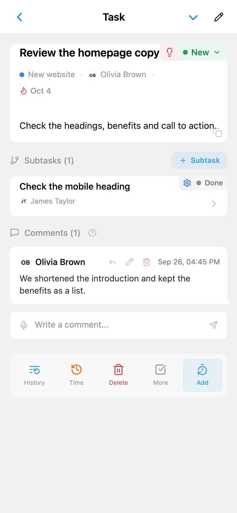 A task card opened from the project Kanban board