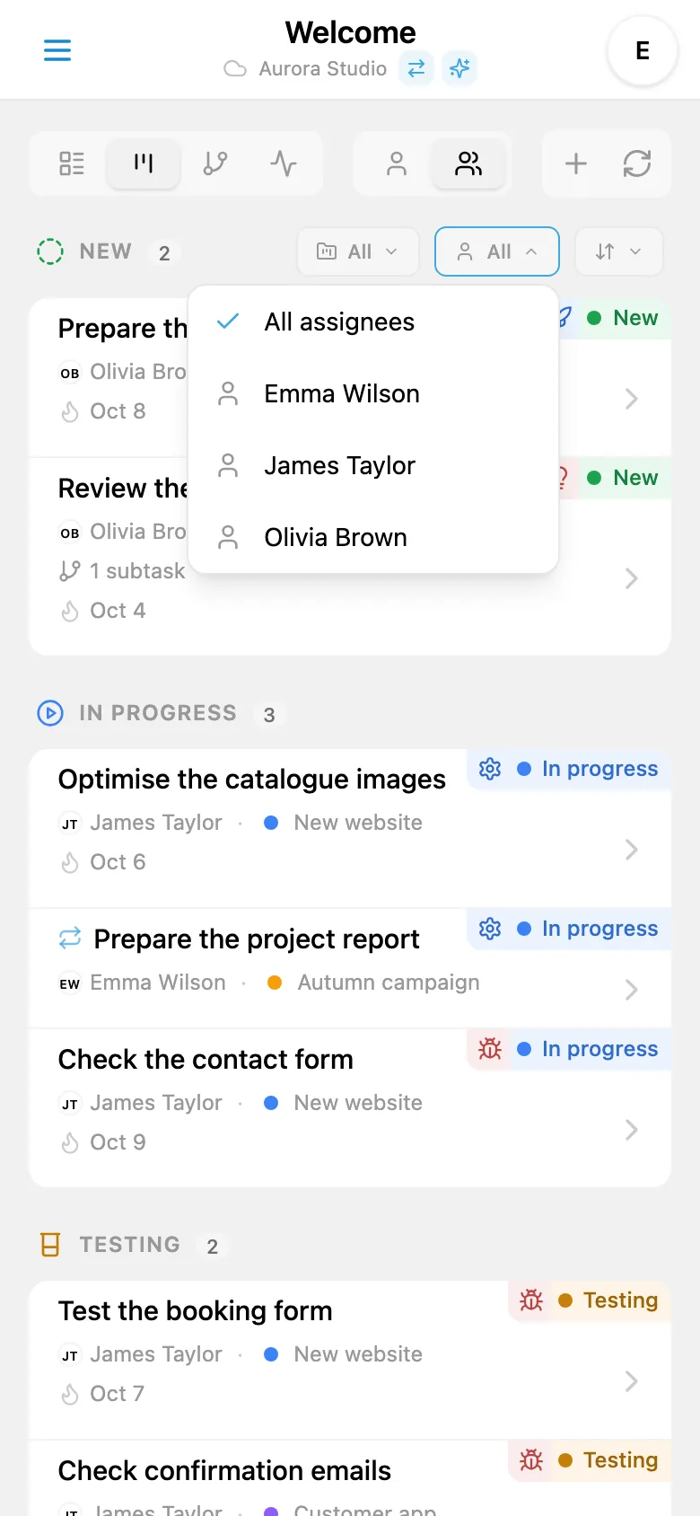 A task filter by assignee