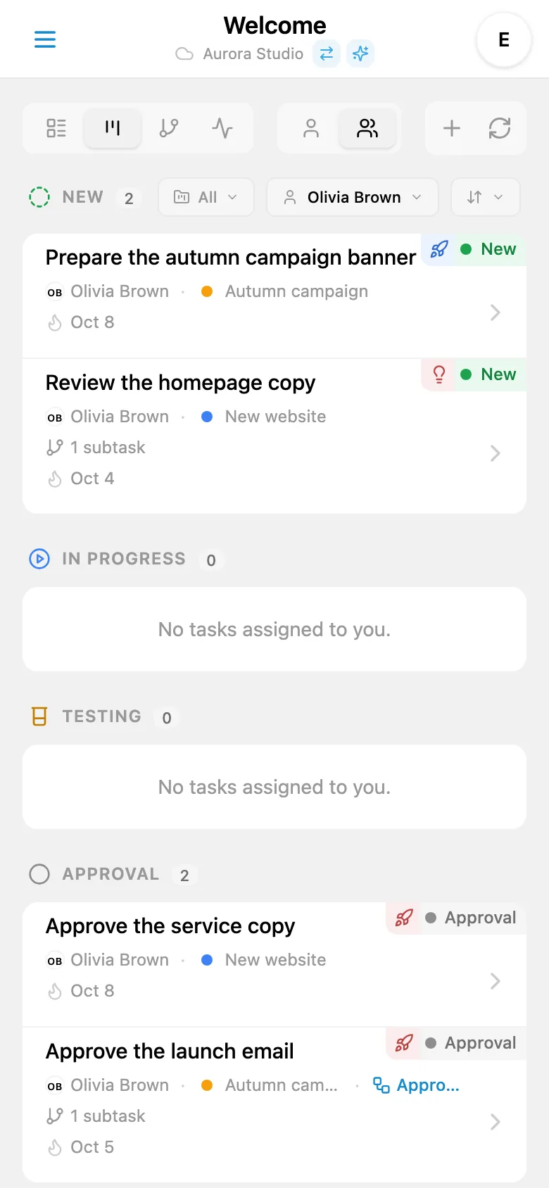 A Kanban board filtered by assignee