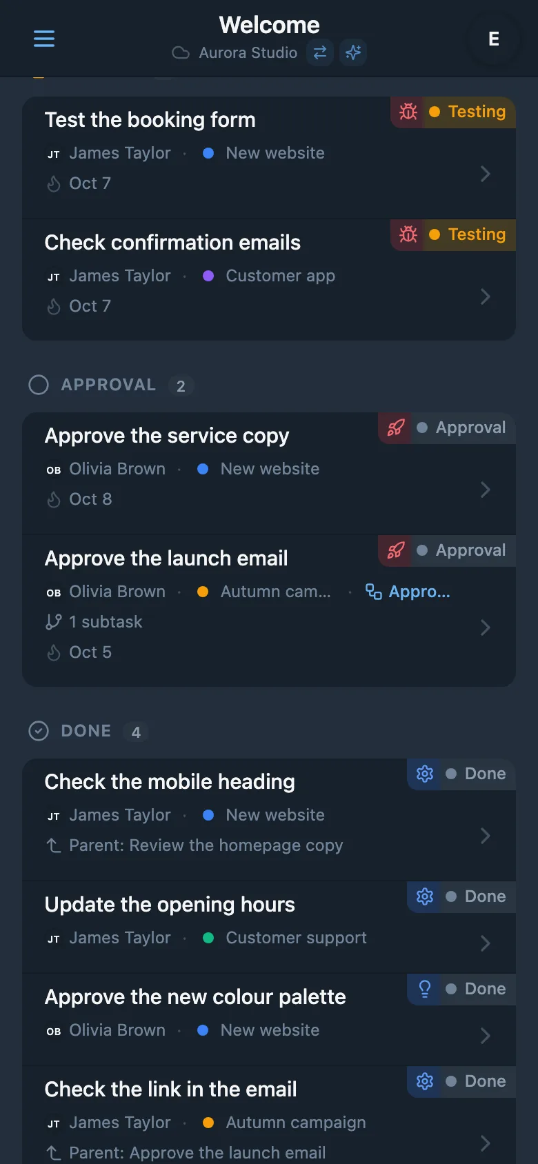 A completed-tasks column on a Kanban board