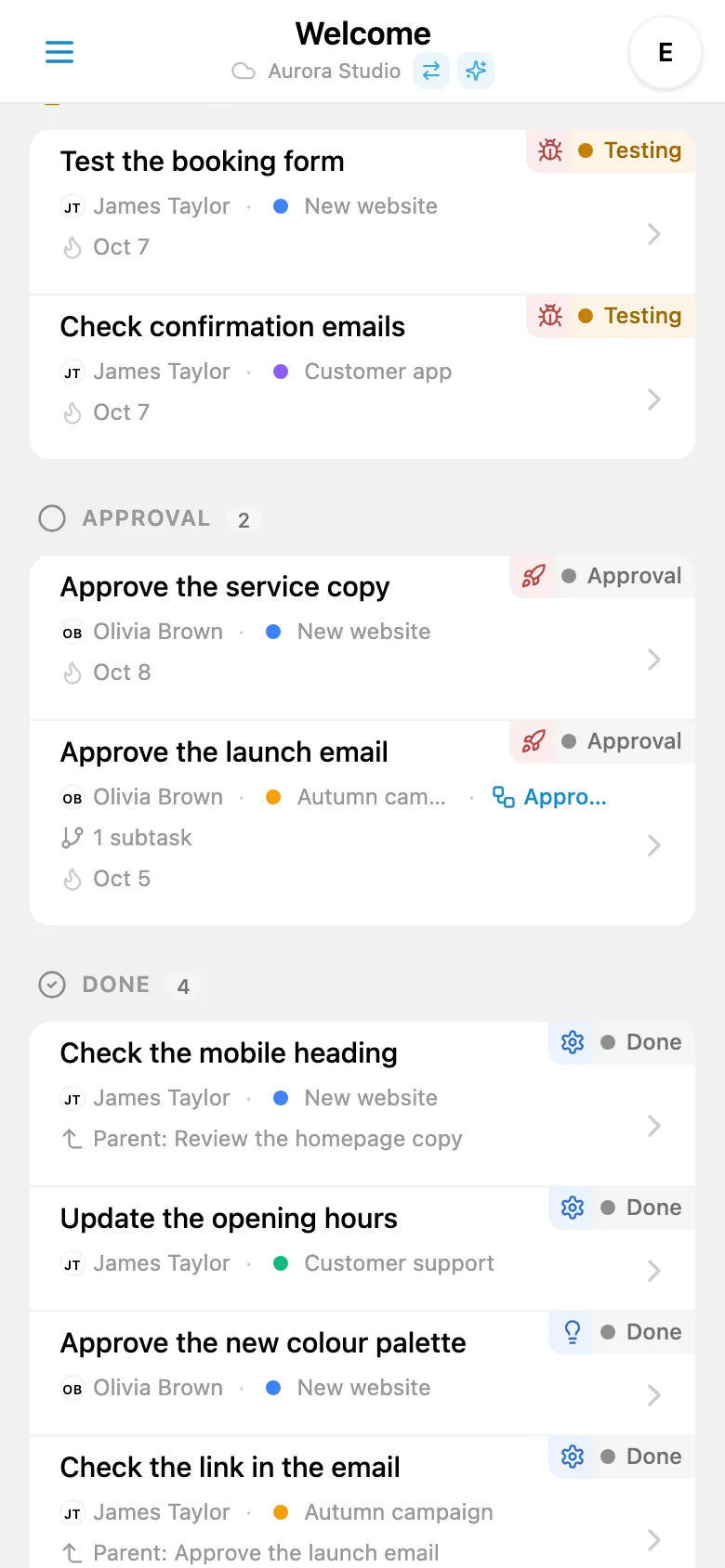 A completed-tasks column on a Kanban board