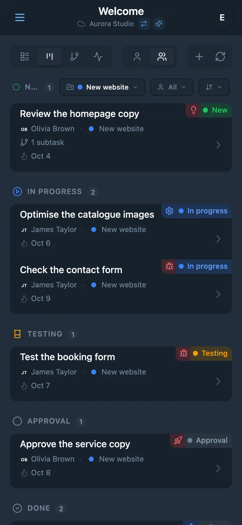 A Kanban board filtered by project