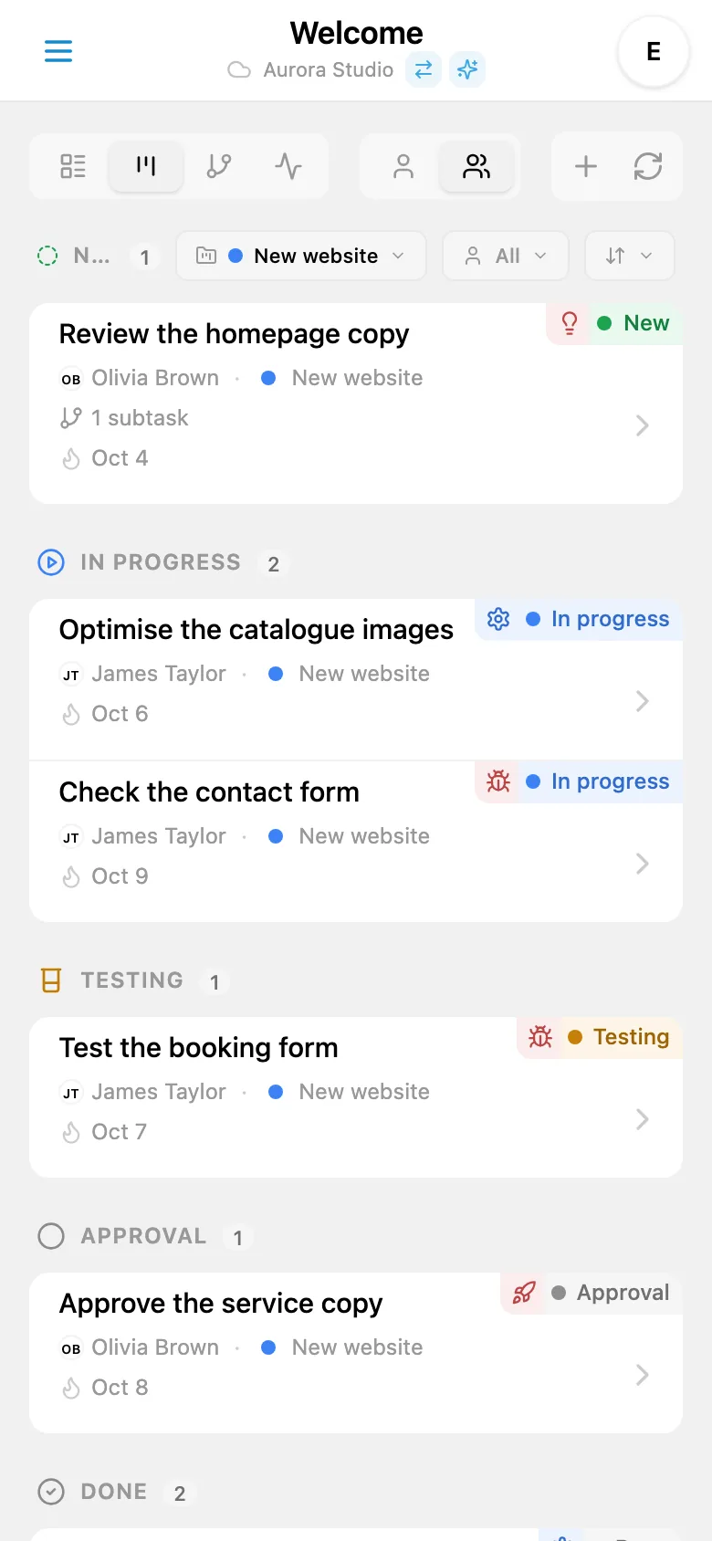 A Kanban board filtered by project