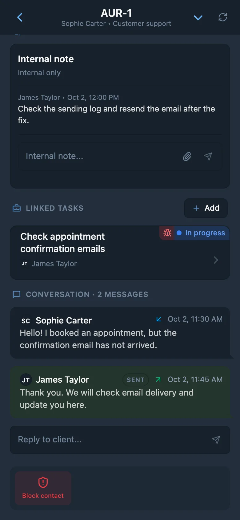 A HelpDesk customer request linked to a team task