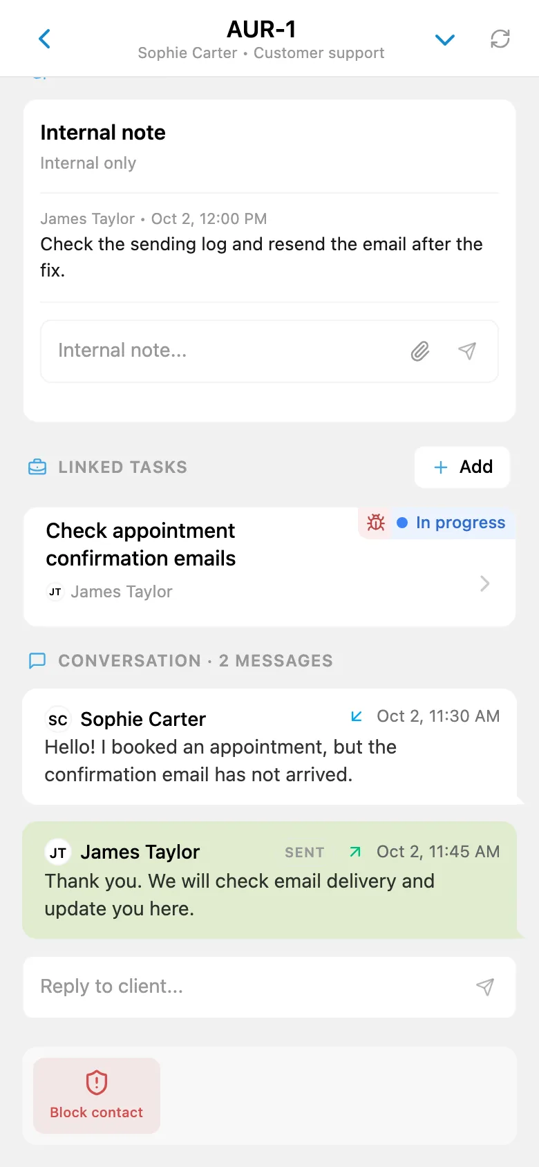 A HelpDesk customer request linked to a team task