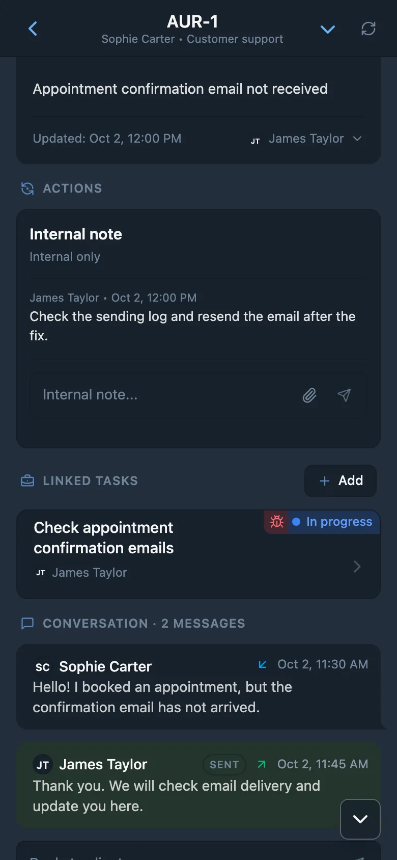 An internal note on a HelpDesk request