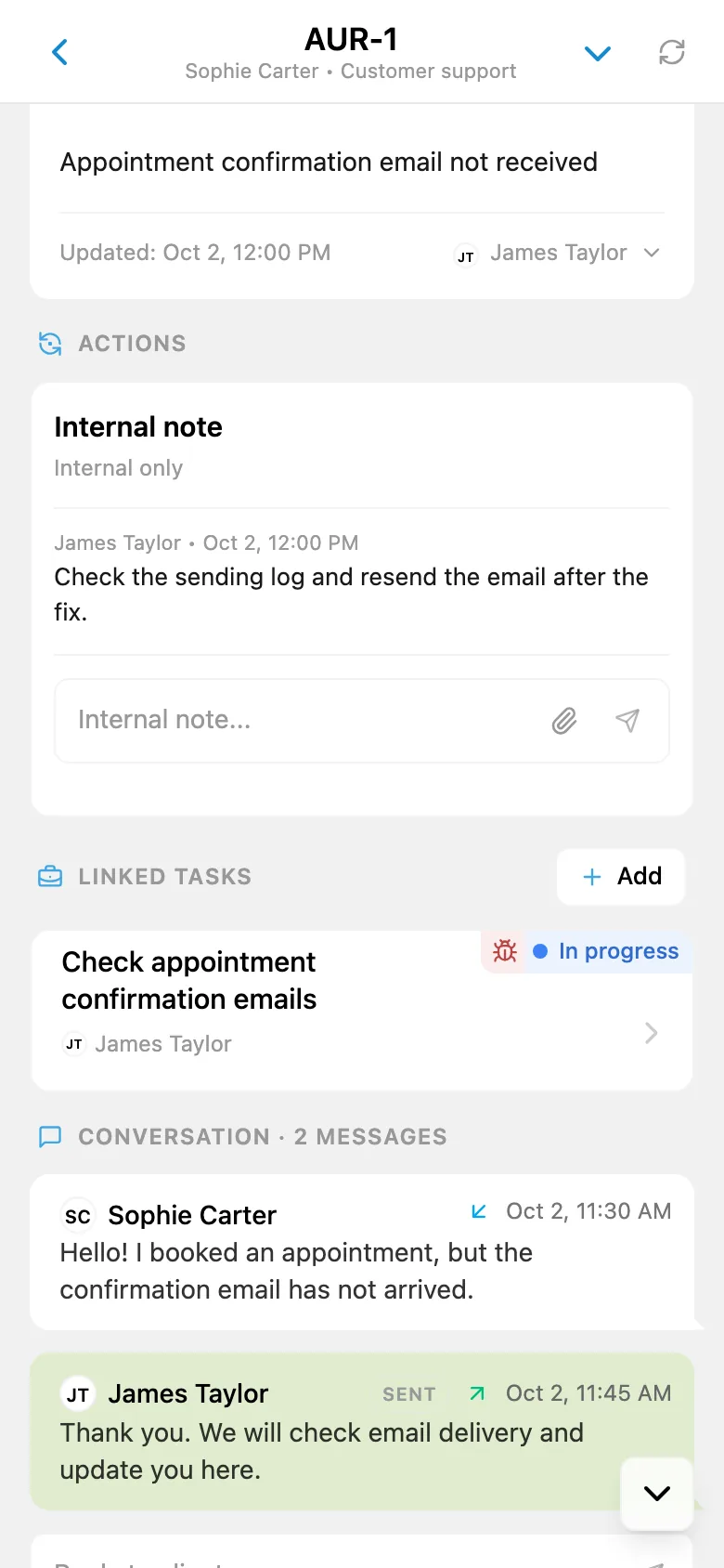 An internal note on a HelpDesk request