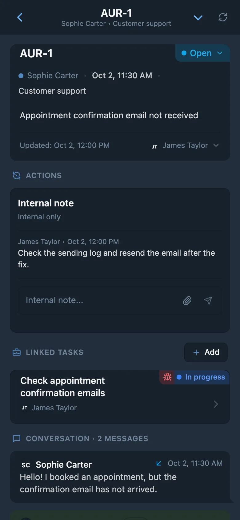 A customer request linking to a related task