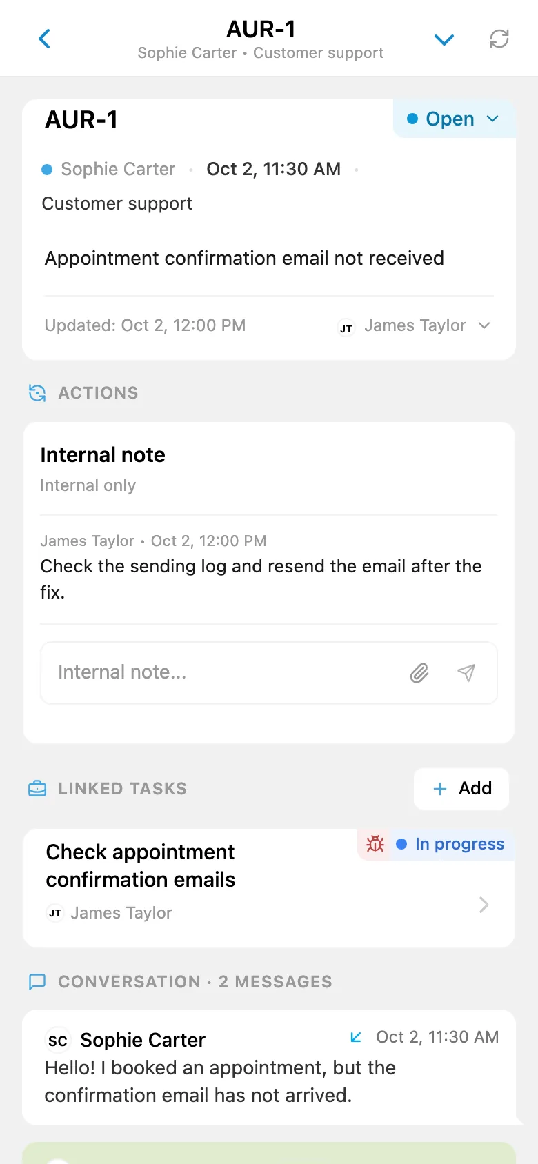 A customer request linking to a related task