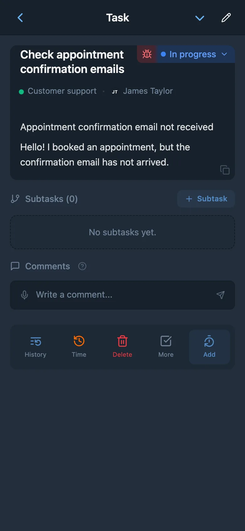 A task card linked to a customer request