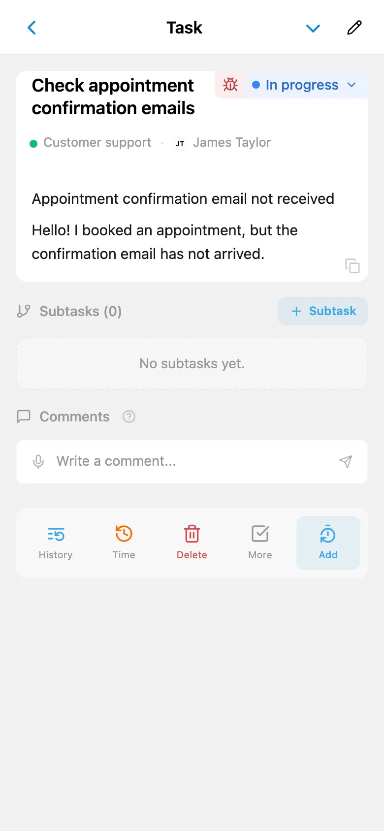 A task card linked to a customer request