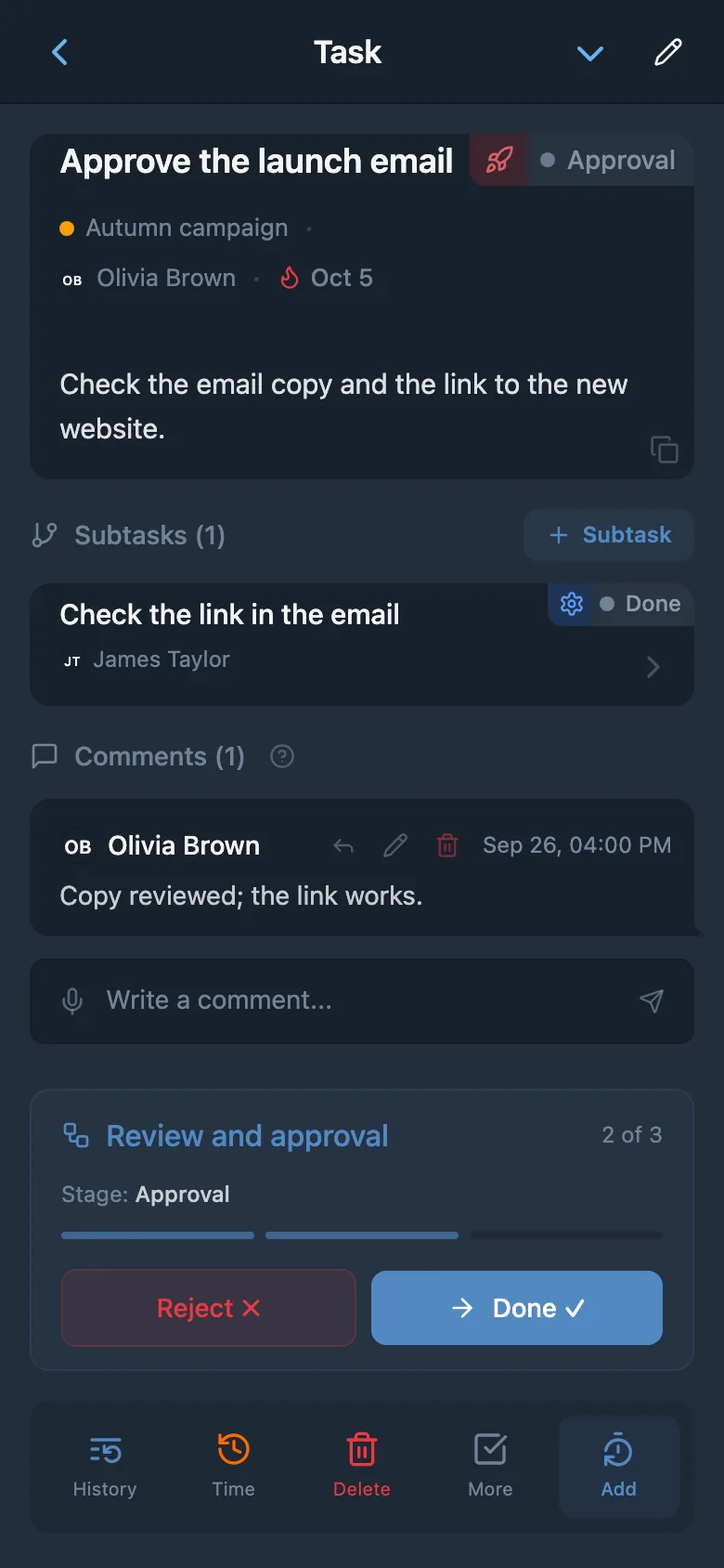 The same task in the approval stage, with a new assignee and “Reject” and “Done” actions