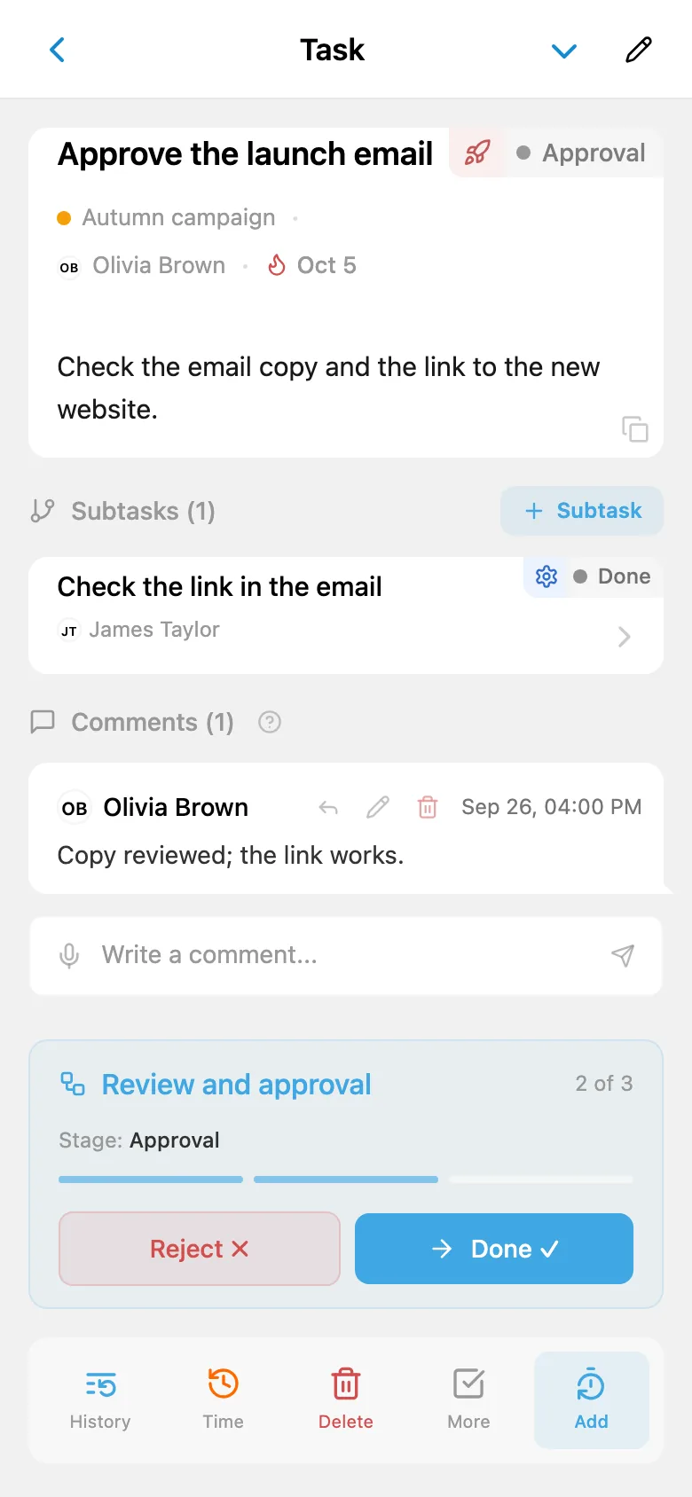 The same task in the approval stage, with a new assignee and “Reject” and “Done” actions