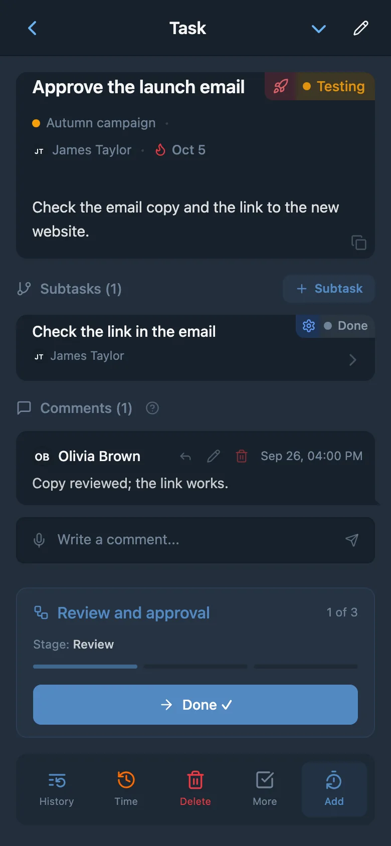 A task for reviewing an email, showing its current workflow stage and the button to complete the stage