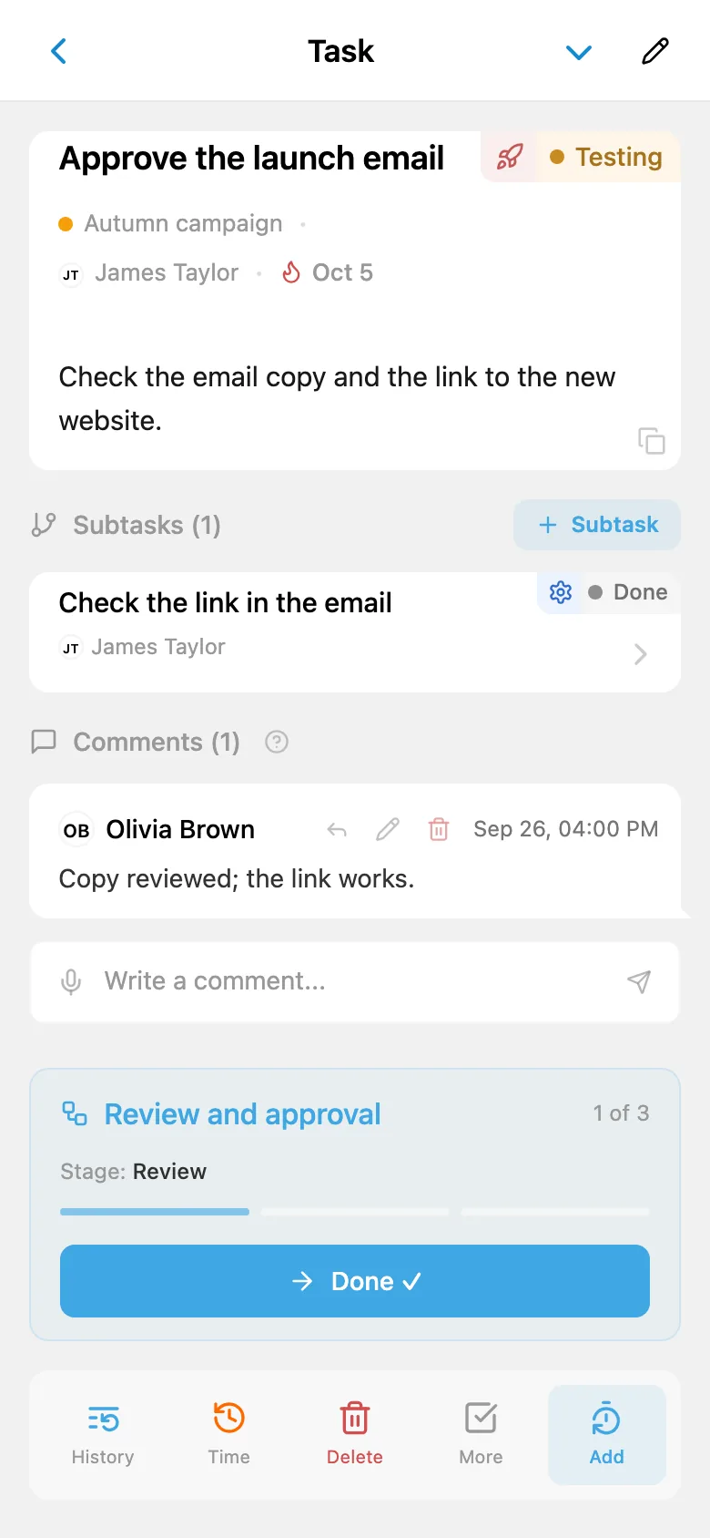 A task for reviewing an email, showing its current workflow stage and the button to complete the stage