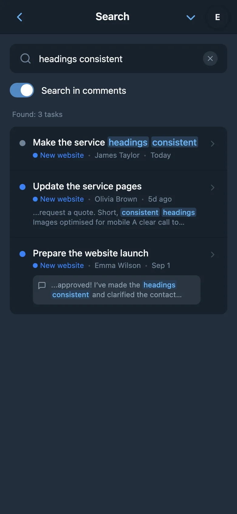 Search results from task comments