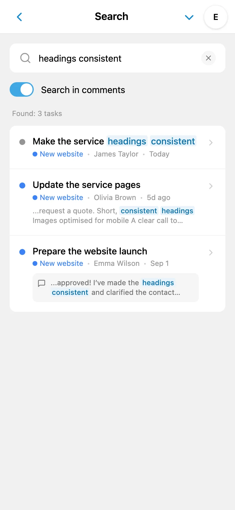 Search results from task comments