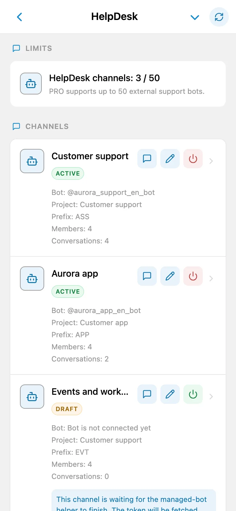 A list of HelpDesk channels