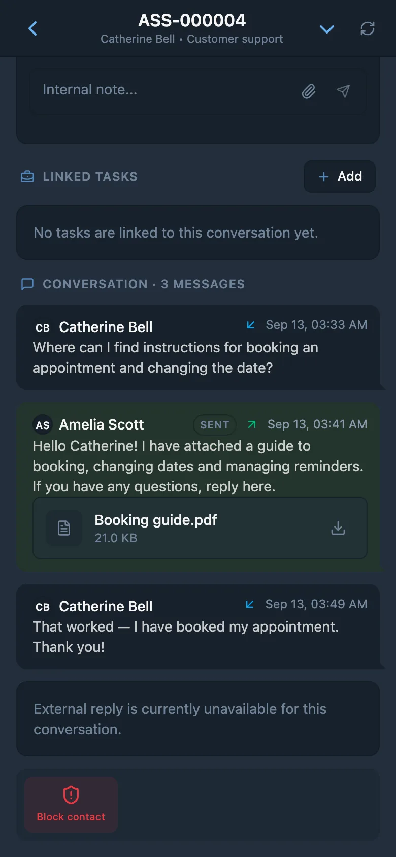 An external HelpDesk reply to a customer with an attached file