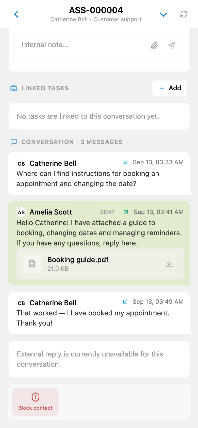 An external HelpDesk reply to a customer with an attached file