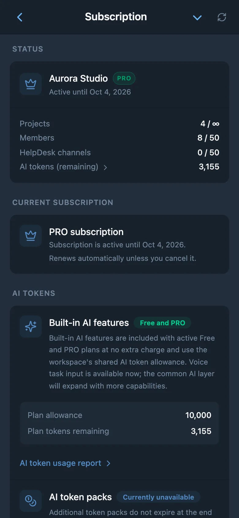 Workspace subscription information