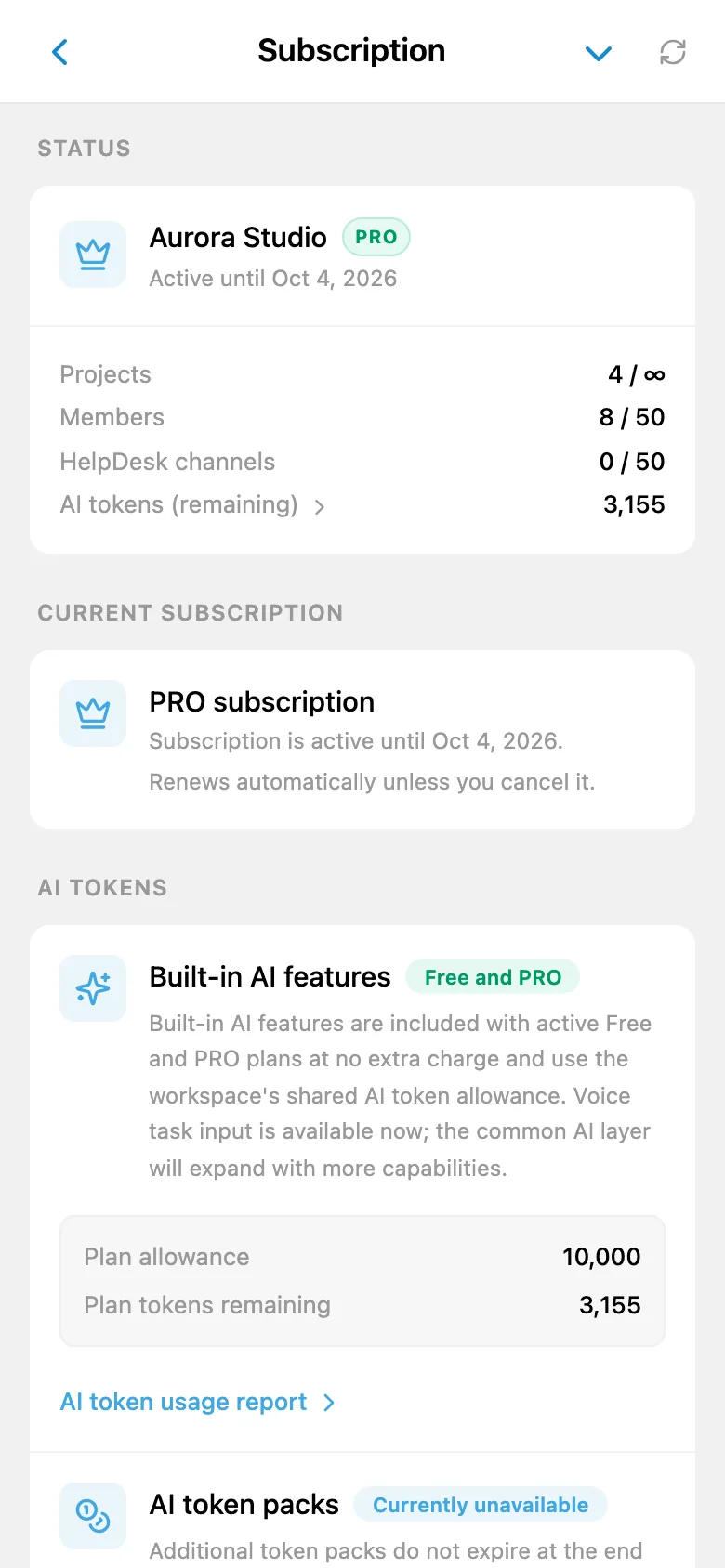 Workspace subscription information