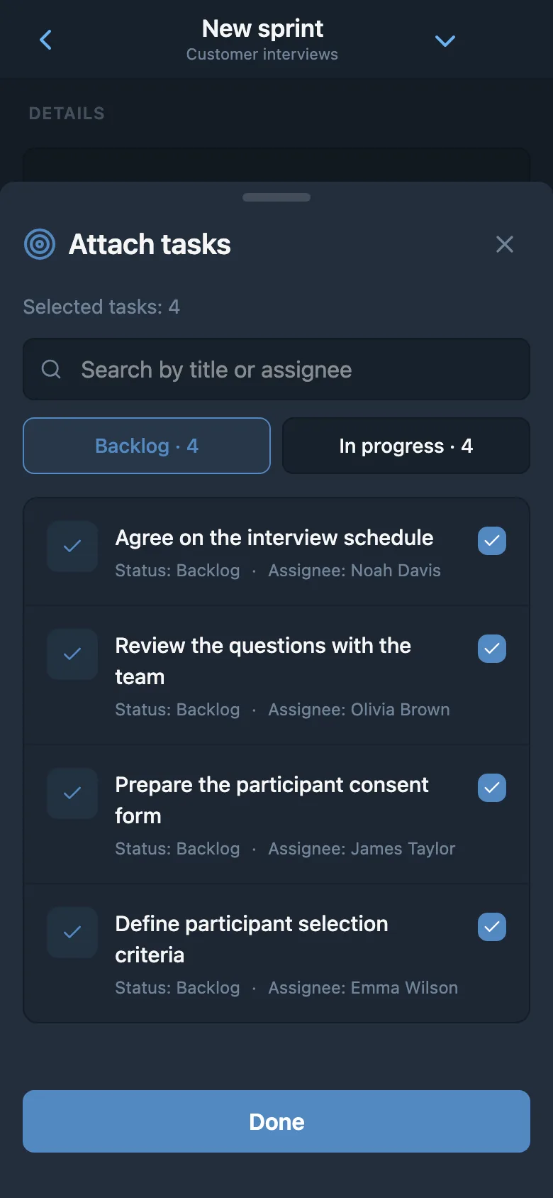 Selecting project backlog tasks to add to a sprint