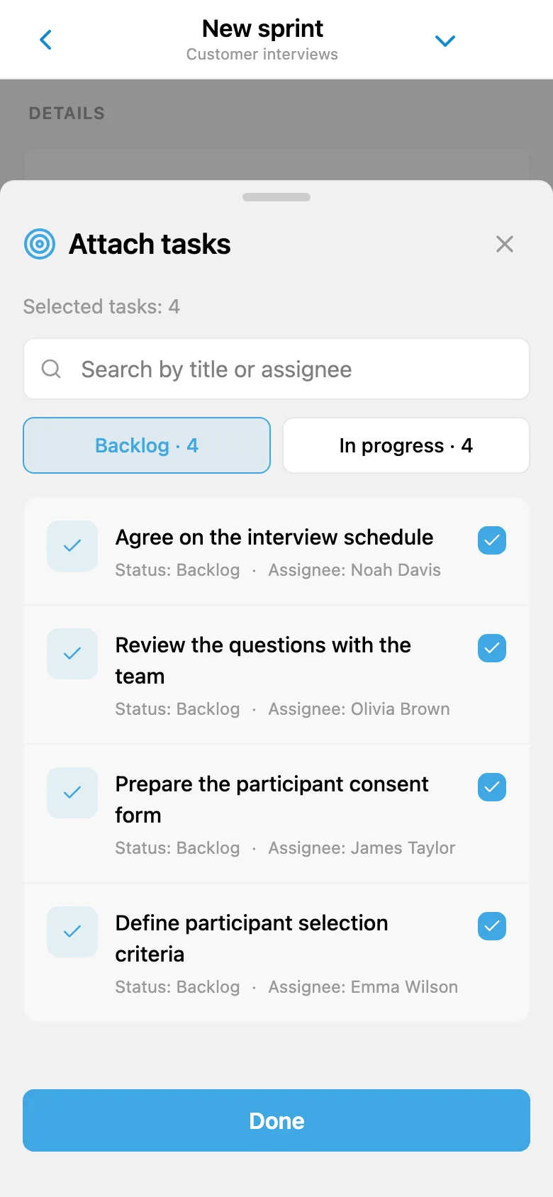 Selecting project backlog tasks to add to a sprint