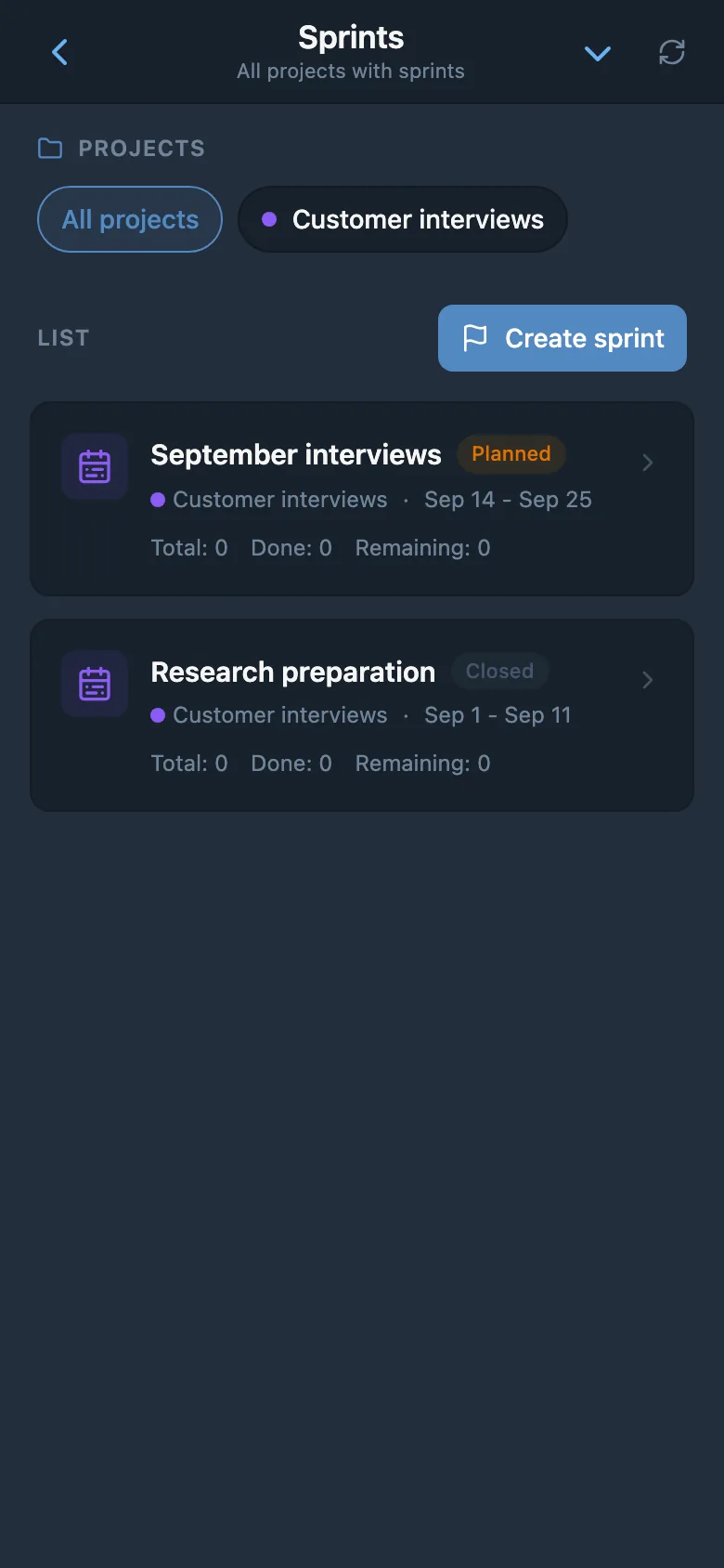 A project sprint list showing iteration dates and statuses