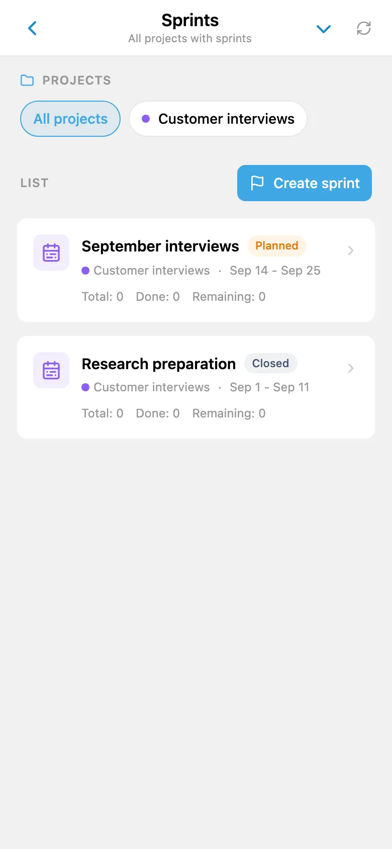 A project sprint list showing iteration dates and statuses