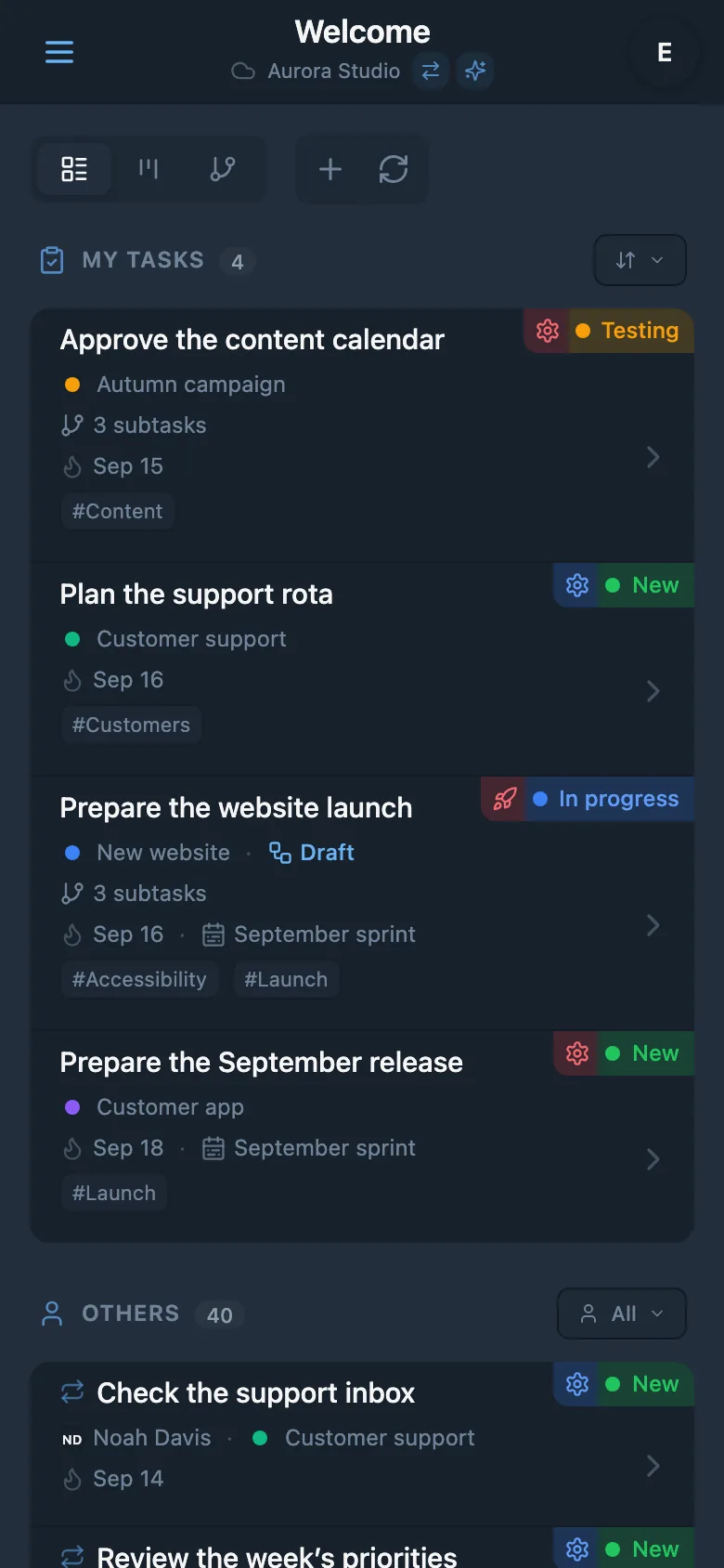 A studio task list showing statuses, projects, and due dates