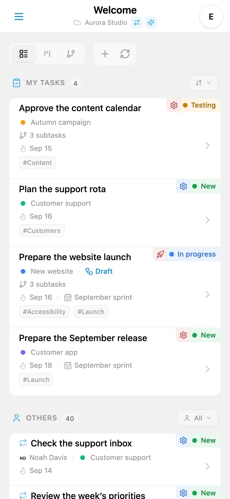 A studio task list showing statuses, projects, and due dates