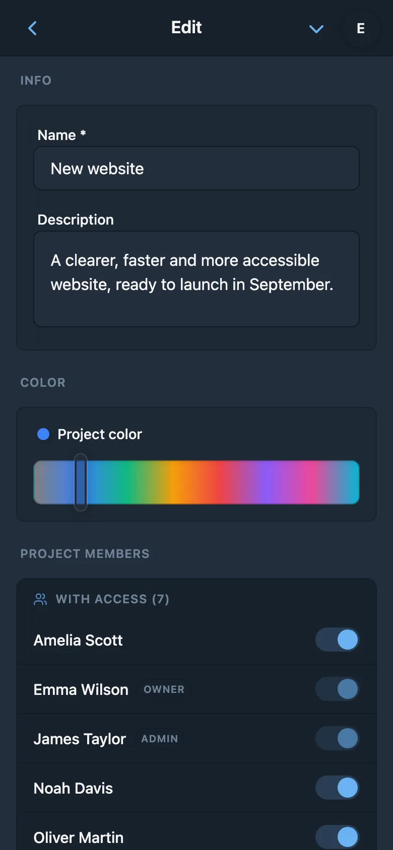 Choosing a color in project settings