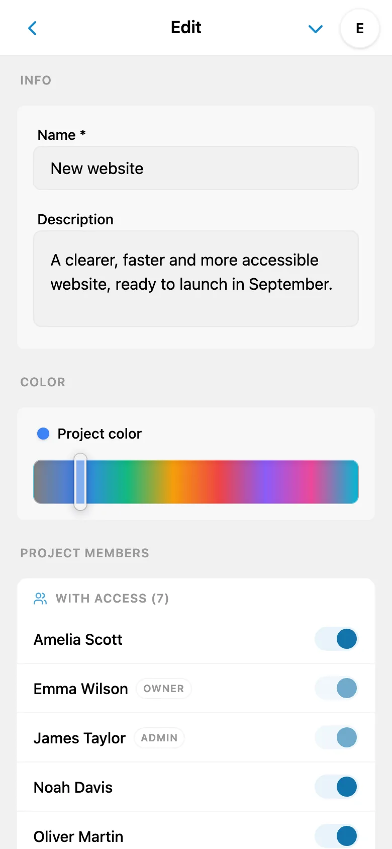 Choosing a color in project settings