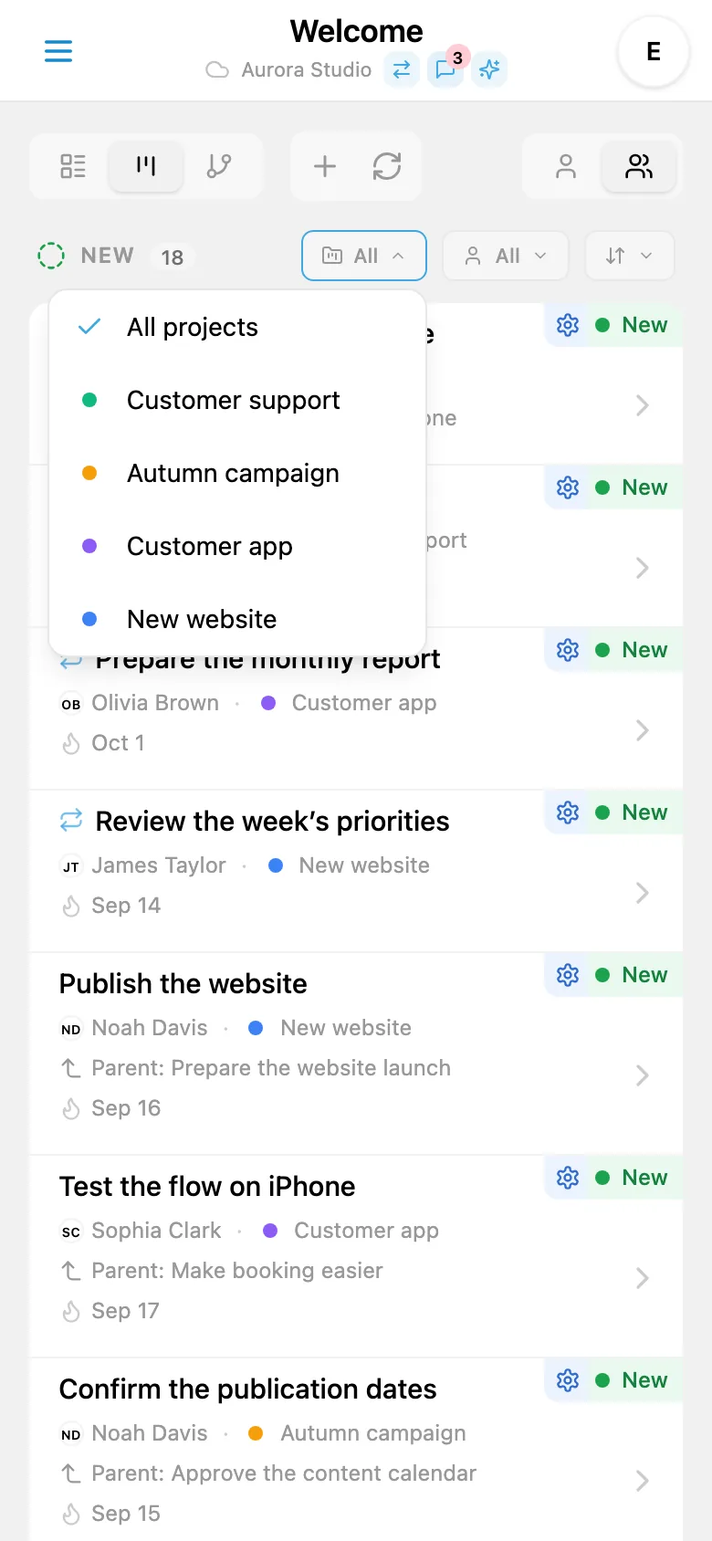 The task project filter panel